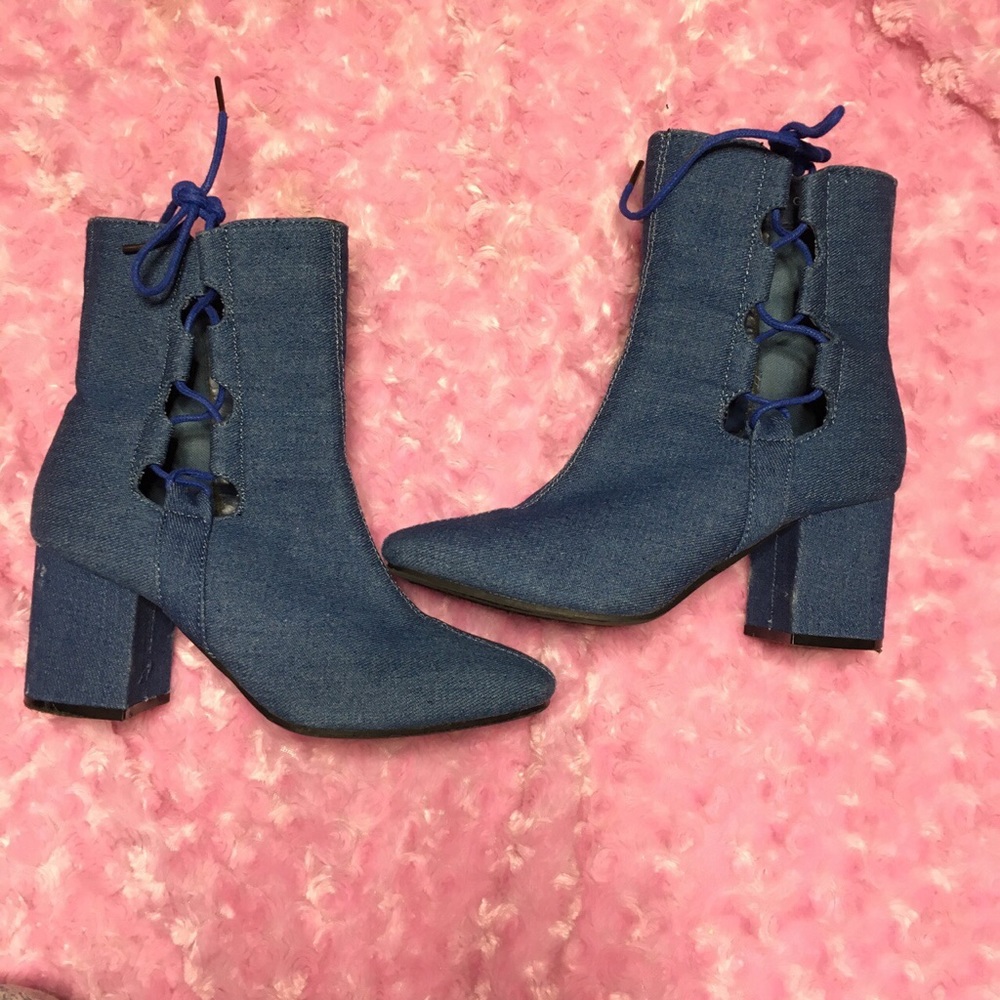 90s denim cut out chunky platform heel booties